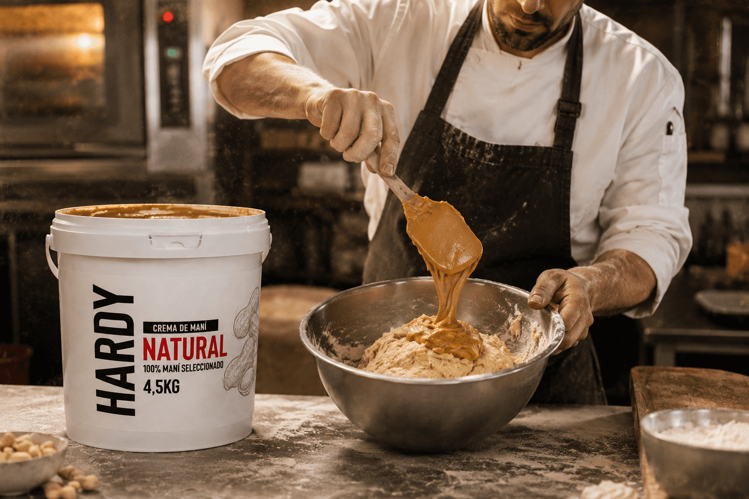 Chef de repostería incorporando crema de maní del balde a un bowl