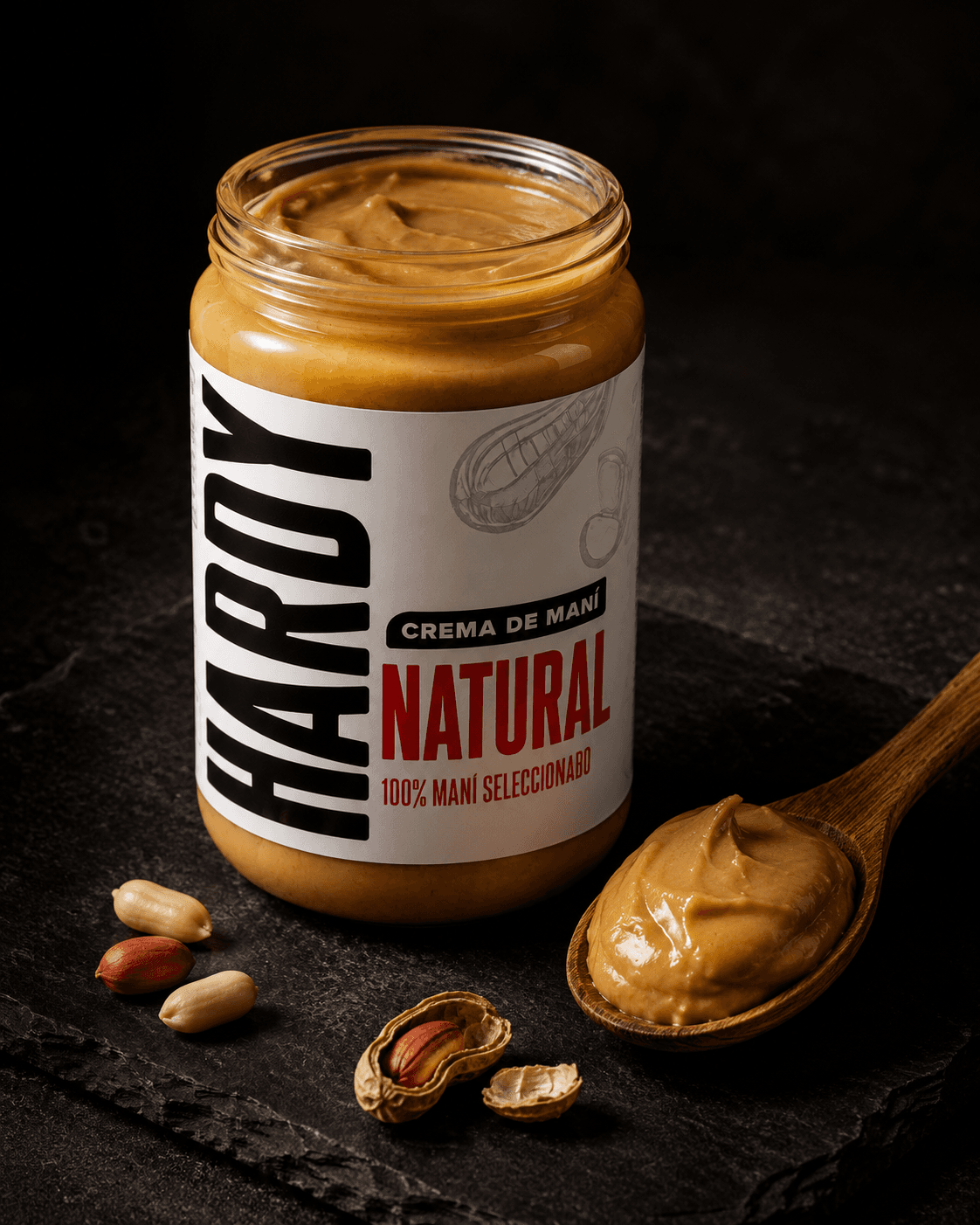 Crema de maní HARDY Natural — frasco abierto con cuchara